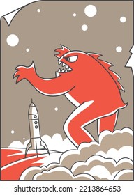 Poster of an older space monster attacking a rocket that landed on the planet's surface