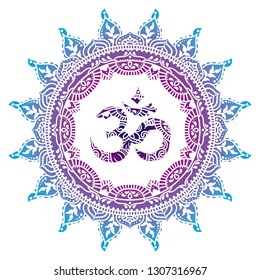 Poster with om symbol in beautiful mandala, blue gradient, can be used for yoga studio, vector illustration