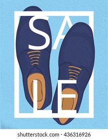 A poster on aged paper. Discounts on mens blue shoes. Advertising business shoes. Vector illustration