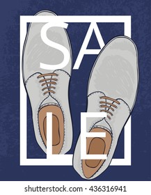A poster on aged paper. Great discounts on men's shoes. Advertising business shoes. Vector illustration