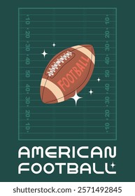 Poster on american football theme. Banner invitation to football match. Team game. Pattern with ball, referee whistle and helmet. Vector illustration in flat cartoon style.