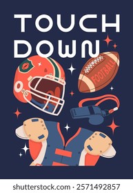 Poster on american football theme. Banner invitation to football match. Team game. Pattern with ball, referee whistle and helmet. Vector illustration in flat cartoon style.