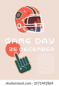 Poster on american football theme. Banner invitation to football match. Team game. Pattern with ball, referee whistle and helmet. Vector illustration in flat cartoon style.