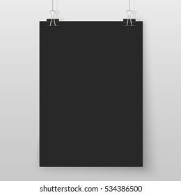 Poster on binder clips on grey wall. Rectangular black paper mock up. Modern vertical framings for your design. Vector blackboard template for lettering, drawing, presentations or quotes.