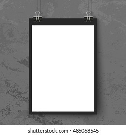 Poster on binder clips on grunge grey wall. Realistic vector illustration. Modern trendy interior. Empty mockup for your illustrations, drawings, logos, posters or quotes.