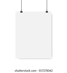 Poster on binder clips on grunge grey wall. Realistic vector illustration. Modern trendy interior. Empty mock up for your illustrations, drawings, logos, posters or quotes.