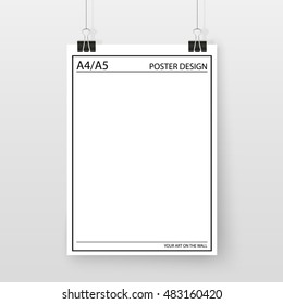 Poster on binder clips. Horizontal paper mockup. Modern empty template for your design. Vector mock up for picture, painting, drawing, quotes poster or photo.