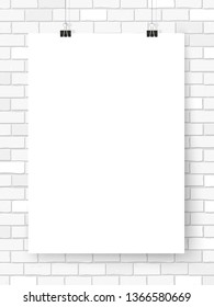 Poster on binder clips on the wall. Rectangular black paper mock up. Modern vertical framings for your design. Vector paper template for lettering, drawing, presentations or quotes.