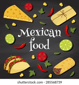 poster on a chalkboard background with text "Mexican food" and illustrations of mexican dishes: quesadilla, tacos, tamales, burrito