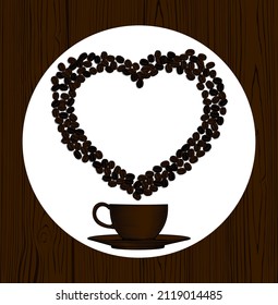 A poster on the coffee theme. Template with coffee. A cup of coffee surrounded by a heart of coffee beans. Antique engraving, stylized drawing. Vector illustration