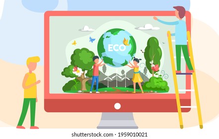 Poster on environmental theme on monitor. Children hold planet Earth. People care about ecology