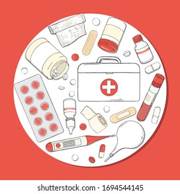 Poster on a health theme. A set of first aid kits, medicines and tablets arranged in a circle. Colorful vector illustration in sketch style on a red background.