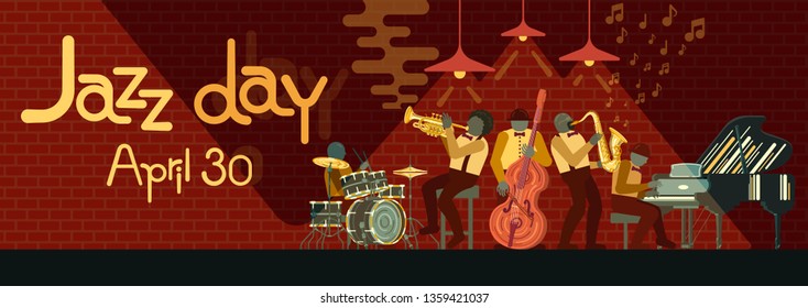 Poster on Jazz day April 30 where Jazz Band playing on musicail instruments piano, saxophone, double-bass, cornet and drums in Jazz Bar