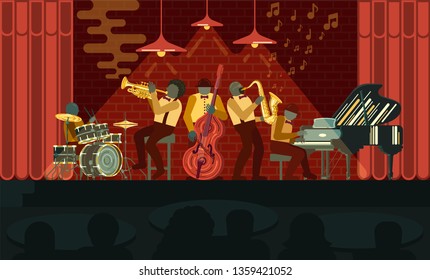 Poster on Jazz day April 30 where Jazz Band playing on musicail instruments piano, saxophone, double-bass, cornet and drums in Jazz Bar