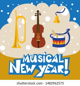 Poster on the musical theme. Illustration in vector. Happy New year greeting card or flyer concept illustration. Musical instrument.