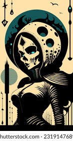 Afiche sobre un tema místico con una imagen abstracta de una mujer extranjera, un vampiro, un sucubus, una bruja. Halloween, ritual, magia