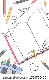 Poster on the theme of education. School stationery and a book. Colorful vector illustration in sketch style. Hand-drawn.
