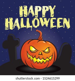 A poster on the theme of the Halloween holiday. Jack O pumpkin with carved eyes and mouth on the background of the old abandoned cemetery. Vector illustration