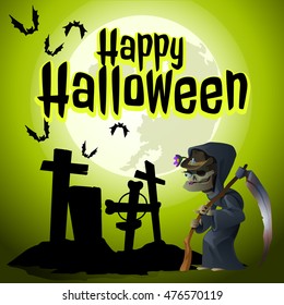 A poster on the theme of the Halloween holiday. The grim Reaper came to an old abandoned cemetery. Vector illustration. 