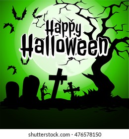 A poster on the theme of the Halloween holiday. The hand of undead zombies at an abandoned cemetery. Vector illustration. 