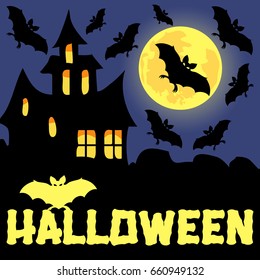 A poster on the theme of the Halloween holiday. Flying bats in full moon on background of the old castle and the inscription Halloween. Vector cartoon close-up illustration.