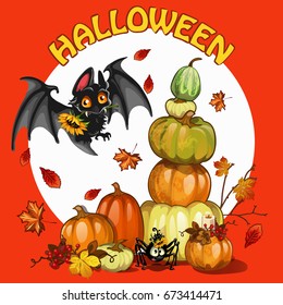 A poster on the theme of the Halloween holiday party. A pile of ripe pumpkins and berries of mountain ash and cute bat. Cartoon vector close-up illustration.