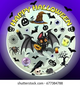 Poster on theme of the Halloween holiday party. Cute bat on background of the full moon and attributes of celebration of the day of all evil spirits of Halloween. Cartoon vector close-up illustration.