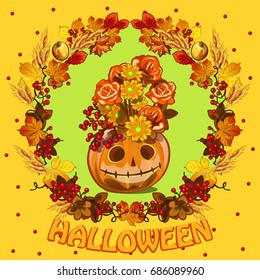 Poster on theme of Halloween holiday party. Cute greeting card on theme of golden autumn. Ornate backdrop of fallen autumn tree leaves and vase Jack-o-lantern. Cartoon vector close-up illustration.