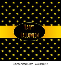 Poster on theme of Halloween holiday party or greeting card with silhouettes of spiders crawling in yellow on a black background. Stylish card with modern design. Cartoon vector close-up illustration.