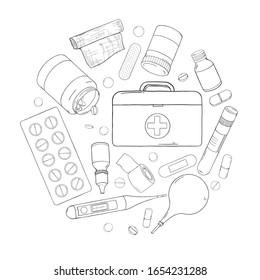 Poster on the theme of health. A set with a first aid kit, medicines and tablets arranged in a circle. Monochrome vector illustration in sketch style. Black outline on a white background.