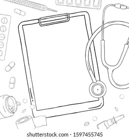 Poster on the theme of health. Space for your text. Stethoscope, drugs and pills. Vector illustration in sketch style. Black outline on white background. Template. Mock up.