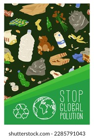 Poster on the theme of protecting the environment from global pollution. Symbol of earth and waste recycling. Image of landfill.  Vector illustration. Seamless pattern include. 