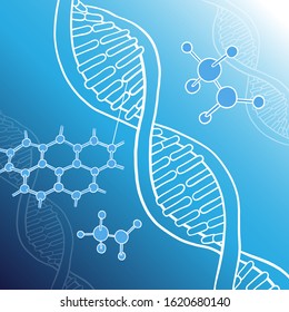 Poster On The Theme Of Science And Chemistry. Structure Of The DNA Molecule, Atoms, Molecular Structure. White Outline On A Blue Background. Vector Illustration In Sketch Style.