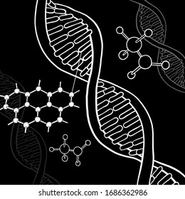 Afiche sobre el tema de la ciencia y la química. Estructura de la molécula de ADN, átomos, estructura molecular. Borde blanco sobre fondo negro. Ilustración vectorial en estilo de esbozo.