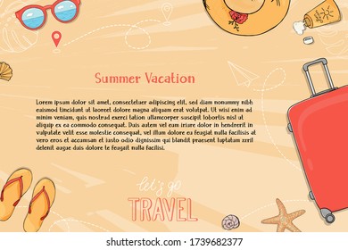 A poster on the theme of summer travel, leisure and adventure. A suitcase on wheels, summer accessories and a place for your text on the background of beach sand. Hand-drawn. Template. Layout