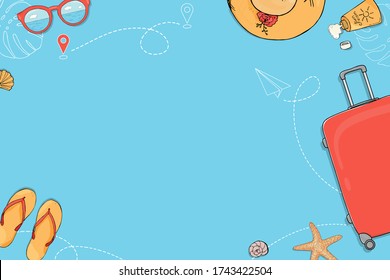 Poster on the theme of summer travel, leisure and adventure. A suitcase on wheels, summer accessories and a place for your text on a blue background. Hand-drawn. Mock up. Template. Horizontally.