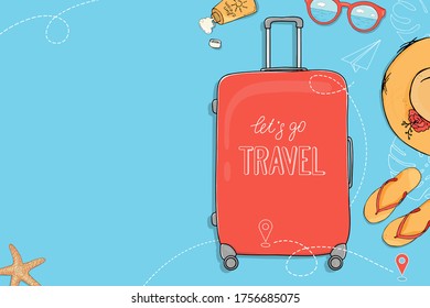 Poster on the theme of summer travel. A suitcase on wheels, summer accessories and a place for your text on a blue background. Hand-drawn. Mock up. Template. Horizontally.
