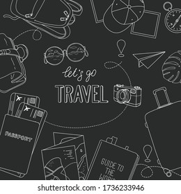 Poster on the theme of travel, recreation and adventure. Luggage, documents, map, camera and inscription. Prepare for your journey. Travel items. White sculpture on a dark background. The view from