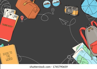 Poster on the theme of travel, recreation and adventure. Luggage, documents, map, camera, and space for your text. Travel items on a dark background. Hand-drawn. Horizontally.