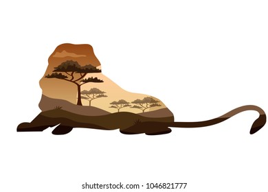 Poster on themes wild animals of Africa, safari, animals of the Savannah, survival in the wild, hunting, camping, trip. Lion