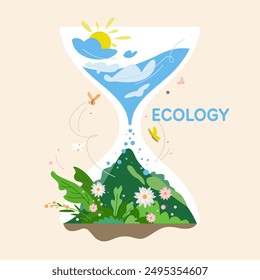 Un afiche sobre el tema de la ecología. La ilustración muestra una naturaleza hermosa y limpia. Un paisaje veraniego con montañas y plantas.