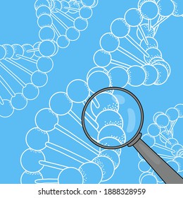 Afiche sobre el tema de la ciencia y la química. la estructura del ADN se dibuja a mano y se magnifica. Ilustración vectorial en el estilo de esbozo en un fondo azul.