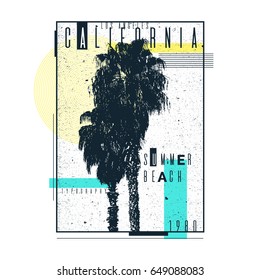 A poster on a t-shirt with palm trees of California. Old typography. Vector illustration.