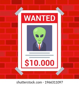 a poster on the wall about the search for an alien. flat vector illustration.
