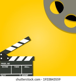 Das Plakat auf gelbem Hintergrund zeigt einen Feuerrekorder und eine Rolle. Geeignet für Filme und Kino.