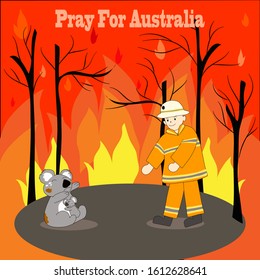 Poster Of One Australian Firefighter Helping Two Koala Cring From Bigest Forest Fire In Australia. Vector Design. 