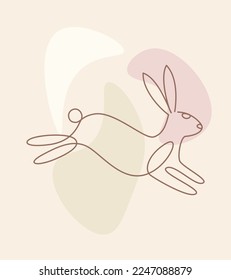 Poster with one continuous line drawing of a jumping bunny