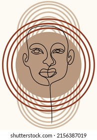 Poster with one line abstract female face with geometric shapes and spots