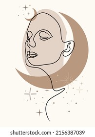 Poster with one line abstract female face with geometric shapes and spots