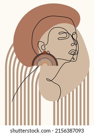 Poster with one line abstract female face with geometric shapes and spots